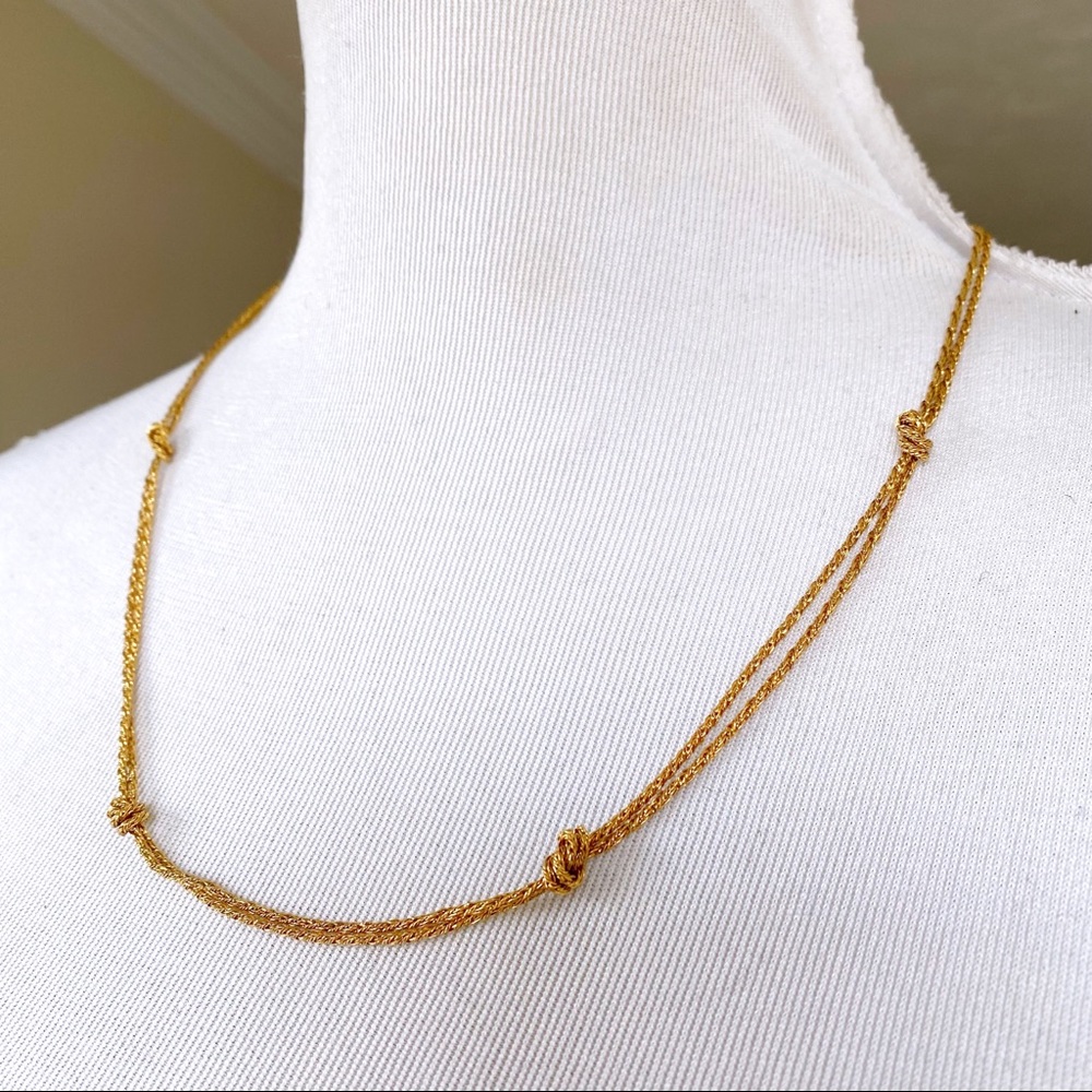 Vintage Monet Knotted Station Necklace Two Strand Gold Tone Chain 24"